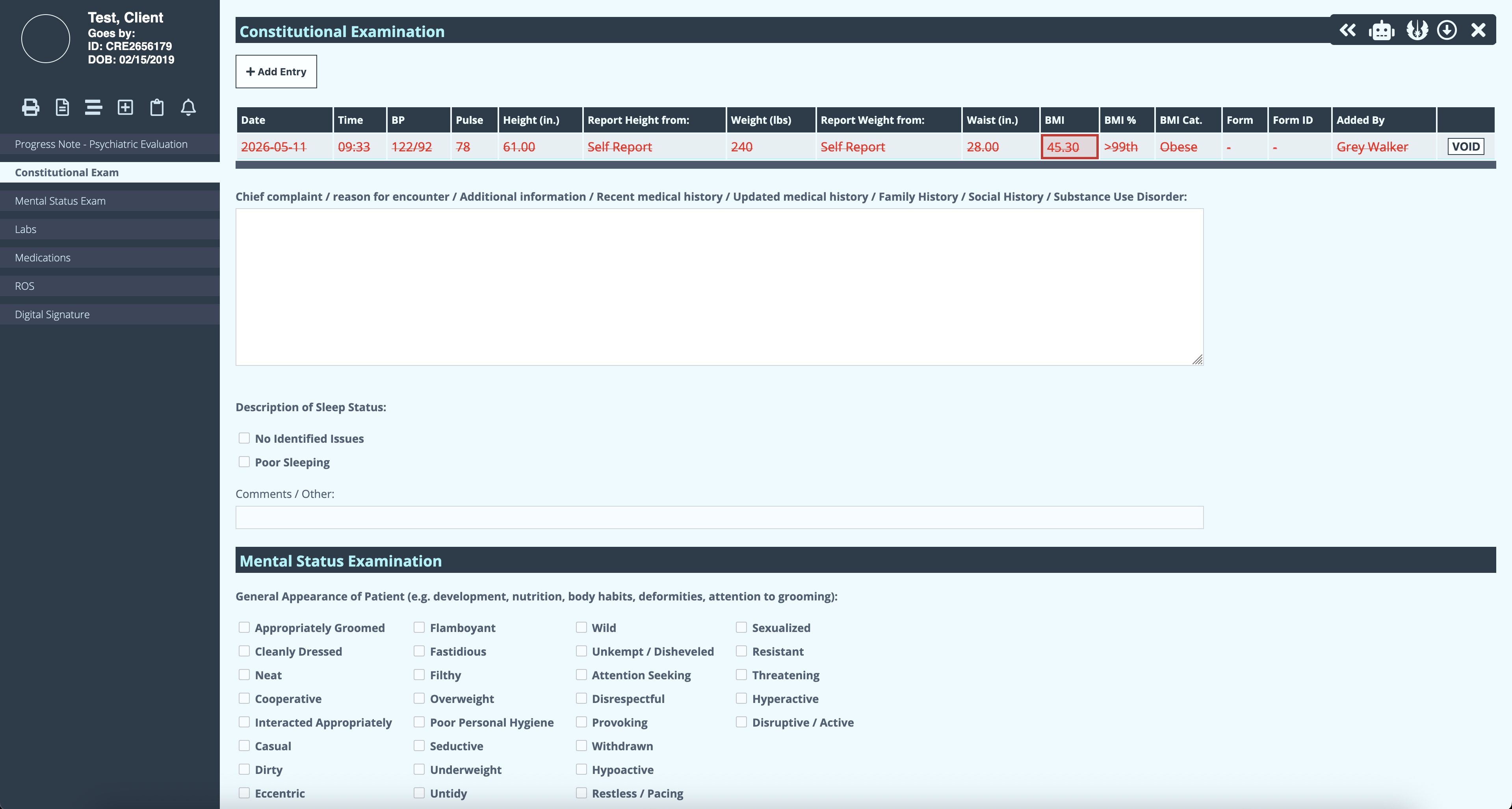 GoHealth EHR — Constitutional Examination form, populated with vitals and ready for the next entry.