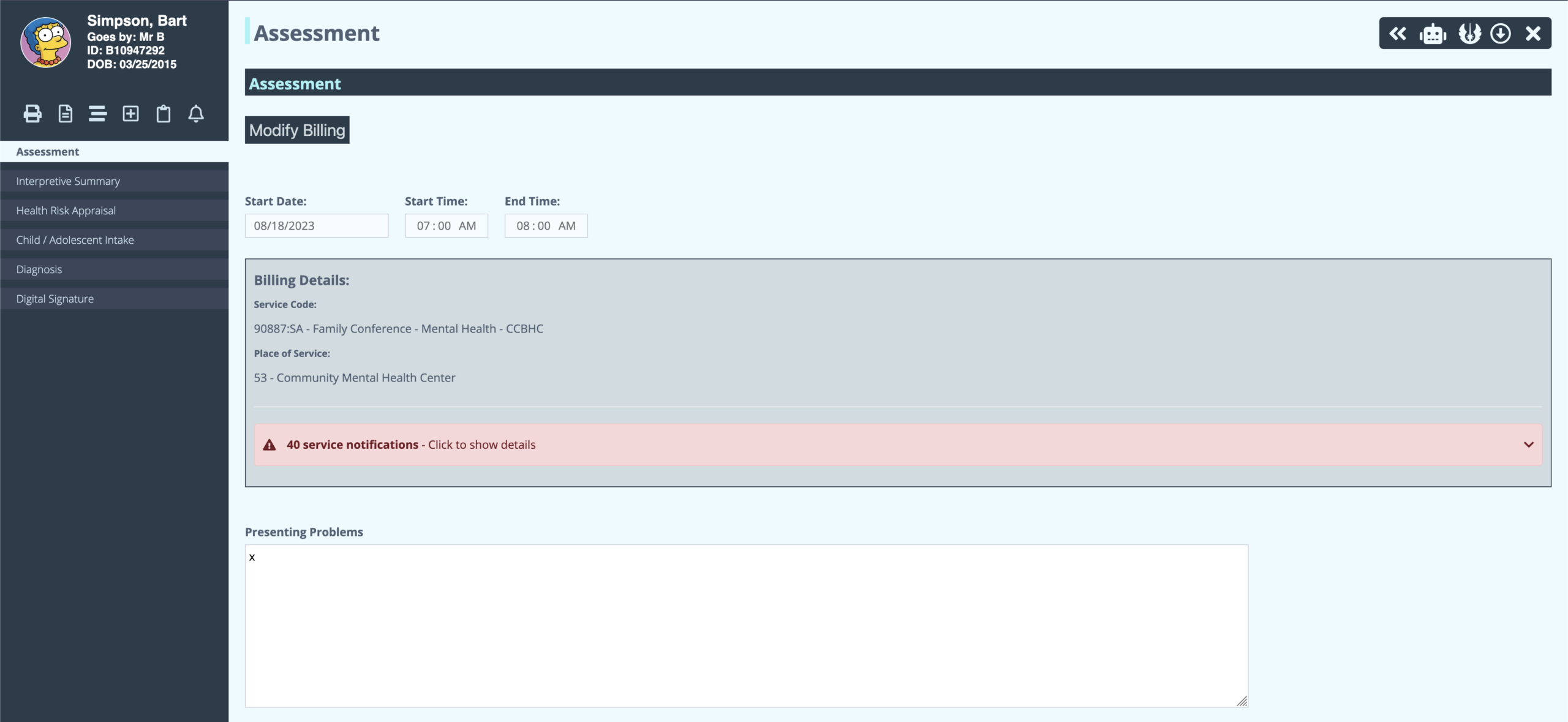 GoHealth client chart with assessment form